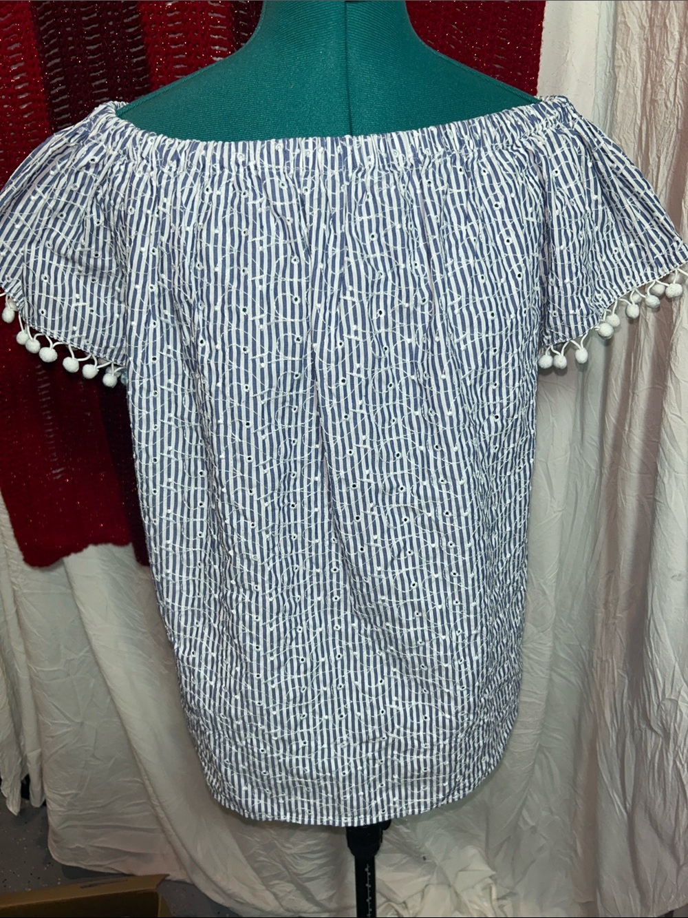 grand & greene Blue and White Striped Off-Shoulder Top with Pom-Pom Trim